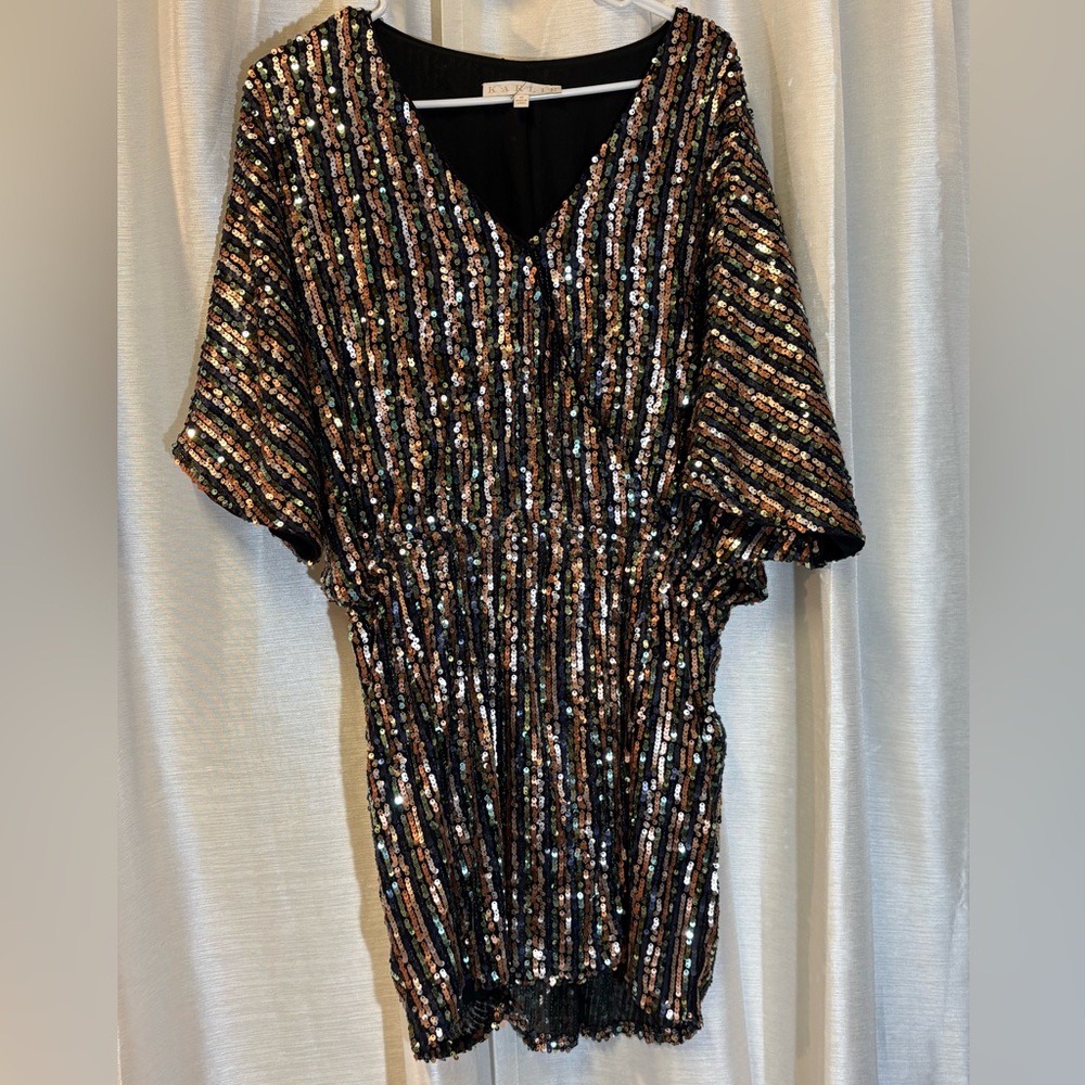 Karlie Black & Rose Gold Sequin Dress V-Neck Dolman Sleeve Medium Party Cocktail - Picture 3 of 15